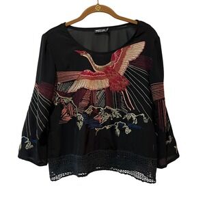Nasty Gal Embroidered Crane Bell Sleeve Sheer Top Women's 6 Black Asian Colorful